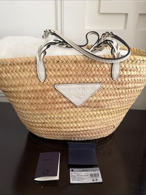 Prada Natural Straw Tote with White Trim and Braided Handles